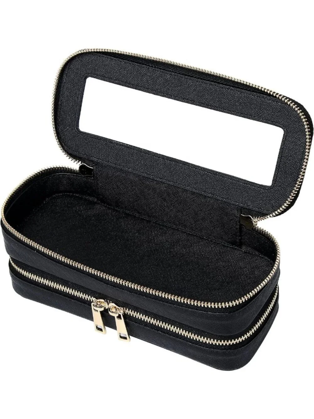 Stylish Double Layer Makeup Bag - Slim Design, Black, Perfect for Travel